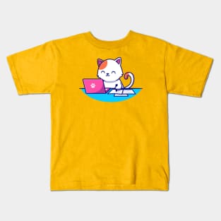 Cute Cat Working Laptop And Writing On Paper Kids T-Shirt